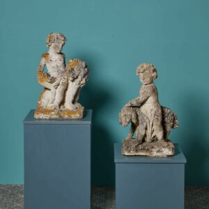 Two Antique Limestone Ornaments of Putti with Lion & Sheep