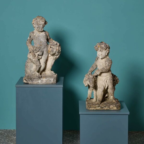 Pair of Antique Limestone Putti Statues with Sheep & Lion