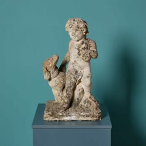 Weathered Italian Limestone Statue of Putto & Dog