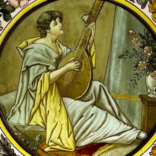 Antique Victorian Stained Glass Roundel of Woman Playing a Lyre