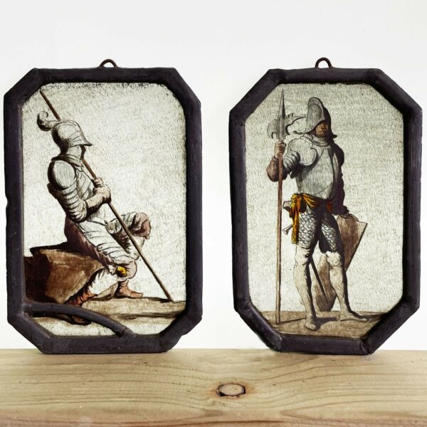 Pair of Antique Stained Glass Panels of Medieval Soldiers