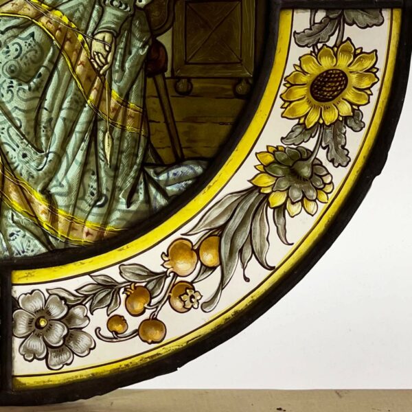 Antique Victorian Stained Glass Roundel of Woman Playing a Lyre