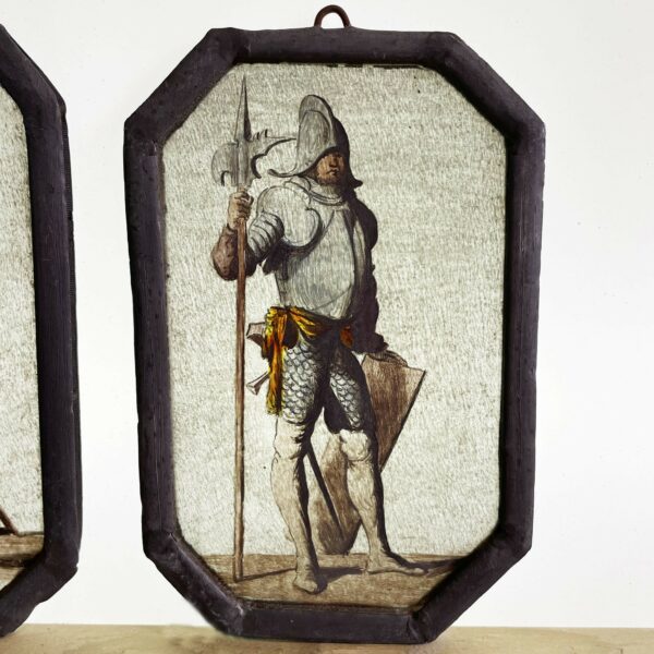 Pair of Antique Stained Glass Panels of Medieval Soldiers