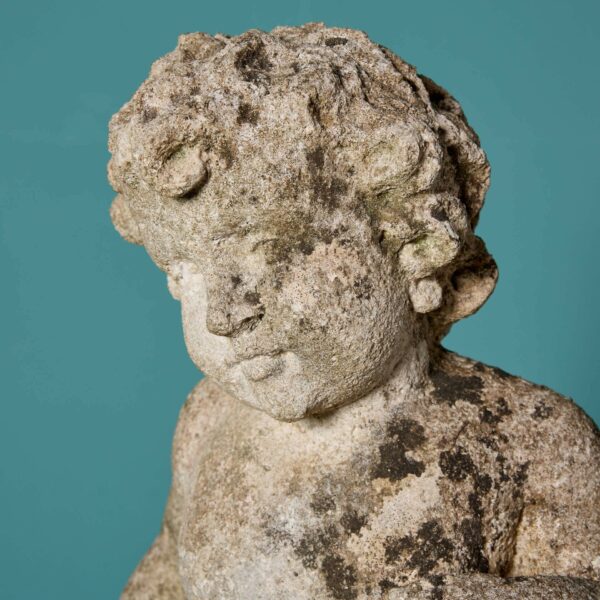 Weathered Italian Limestone Statue of Putto & Dog