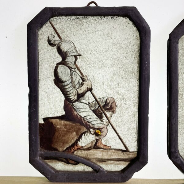 Pair of Antique Stained Glass Panels of Medieval Soldiers