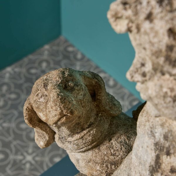 Weathered Italian Limestone Statue of Putto & Dog