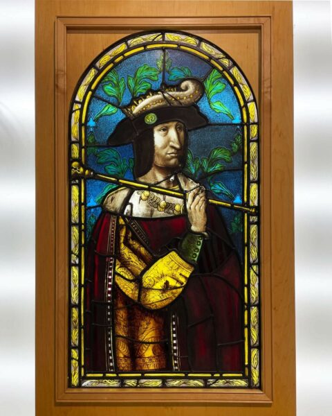 Large Antique Stained Glass Arched Panel of King Francois I