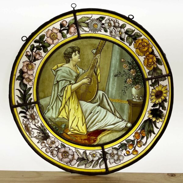 Antique Victorian Stained Glass Roundel of Woman Playing a Lyre