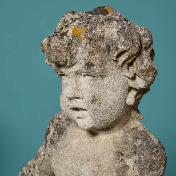 Pair of Antique Limestone Putti Statues with Sheep & Lion