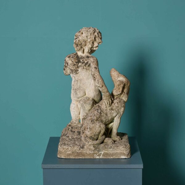 Weathered Italian Limestone Statue of Putto & Dog