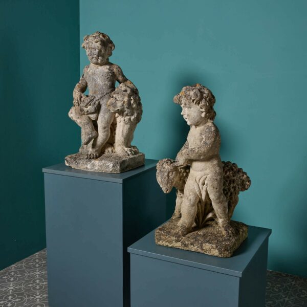 Pair of Antique Limestone Putti Statues with Sheep & Lion