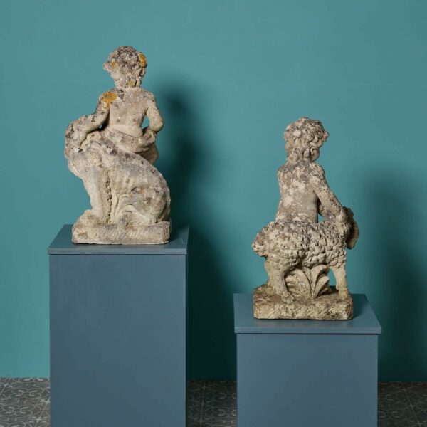 Pair of Antique Limestone Putti Statues with Sheep & Lion