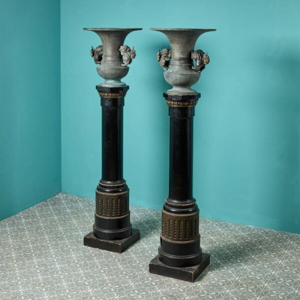 Pair of Antique Chinese Bronze Urns on Columns