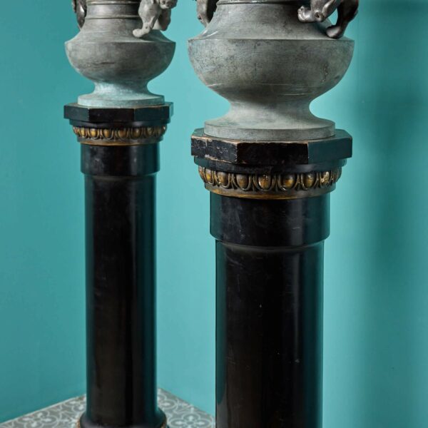 Pair of Antique Chinese Bronze Urns on Columns