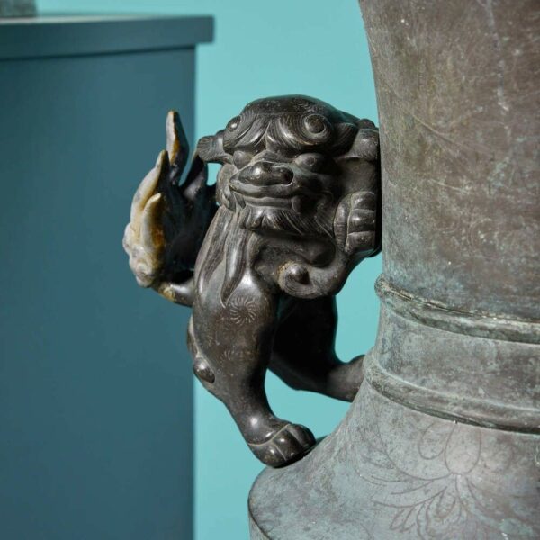 Pair of Antique Chinese Bronze Urns on Columns