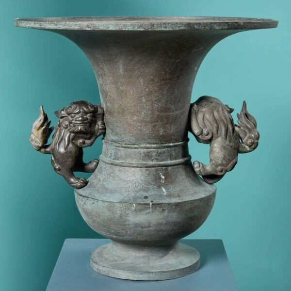 Pair of Antique Chinese Bronze Urns on Columns