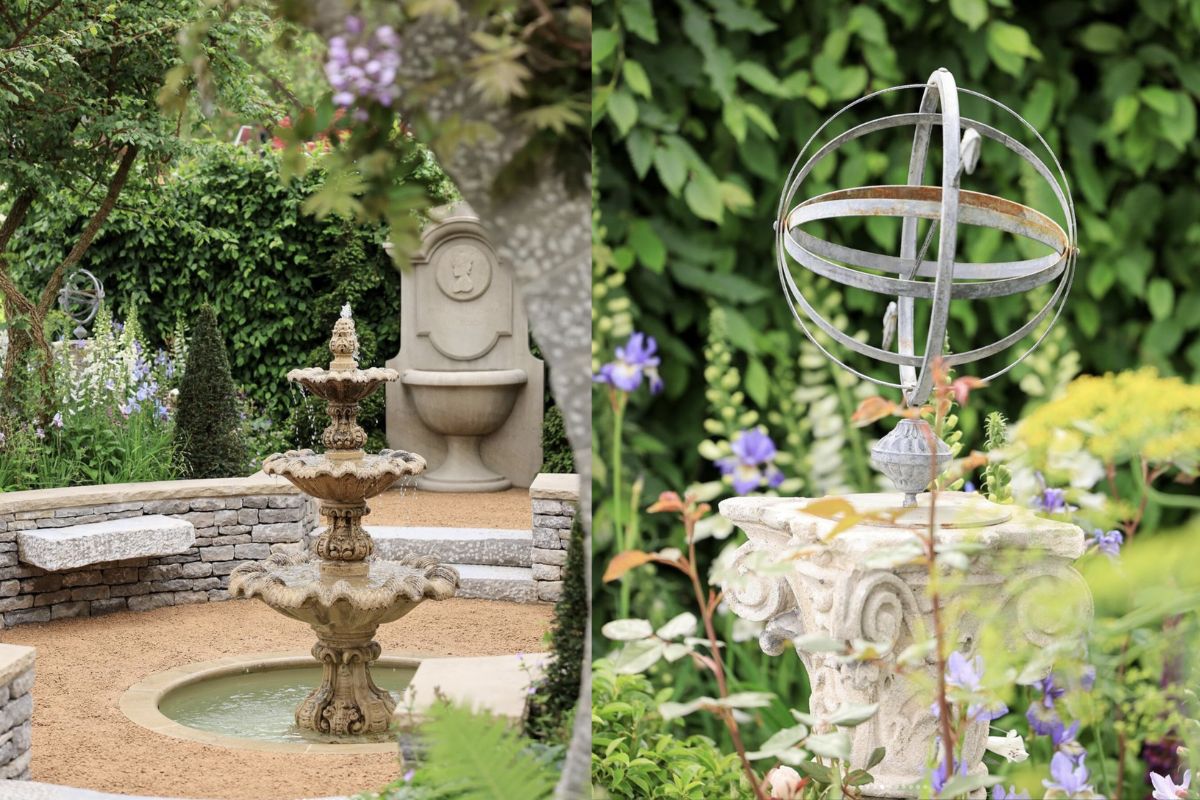 The Bridgerton Garden at RHS Chelsea Flower Show, featuring a reclaimed composition stone water fountain and armillary sundial, sourced from UK Architectural Heritage.