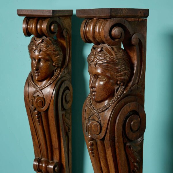 Large Pair of Antique English Carved Oak Caryatid Brackets