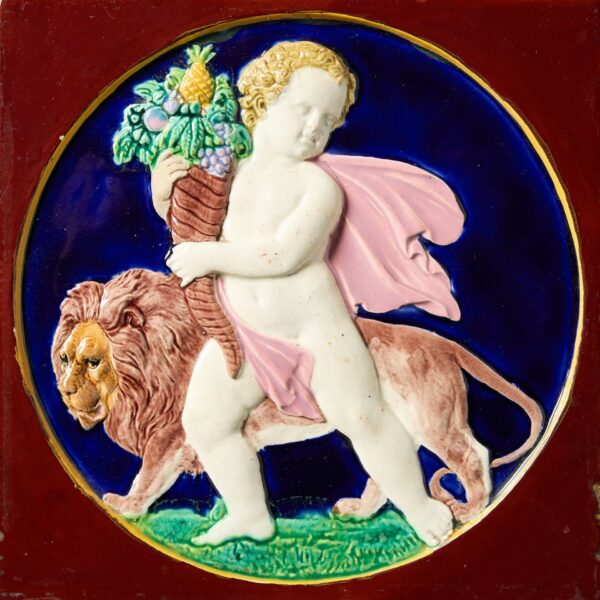 Large Antique Copeland Tile of Cherub & Lion