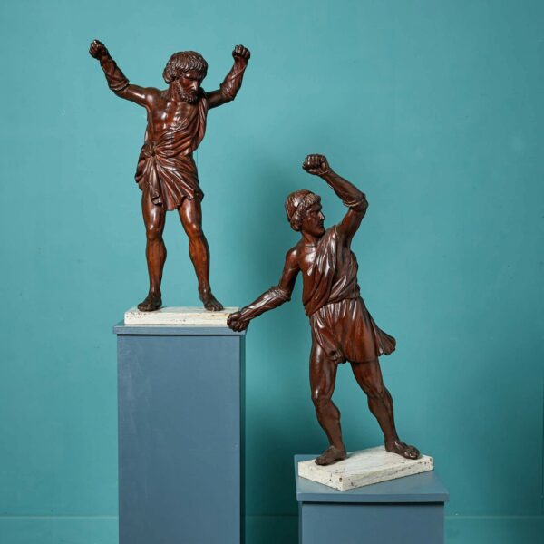 Pair of Antique Italian Walnut Statues of Gladiators