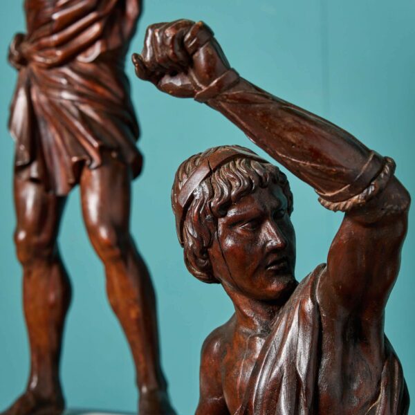 Pair of Antique Italian Walnut Statues of Gladiators