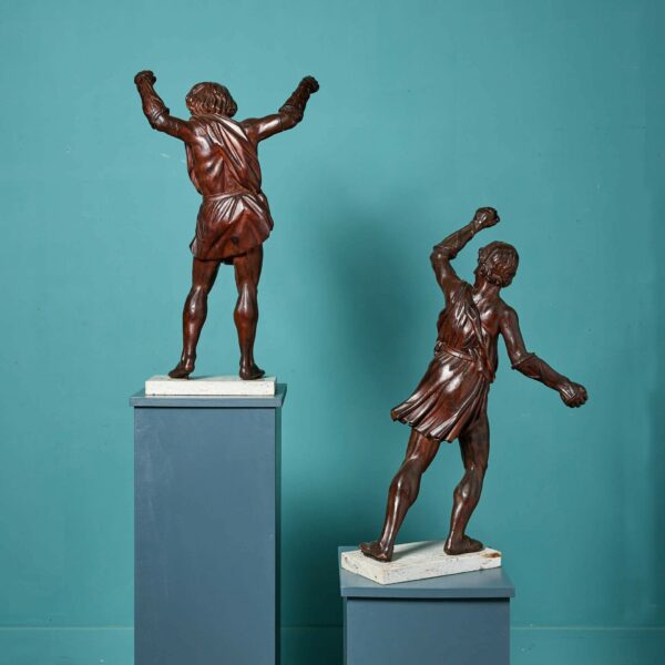 Pair of Antique Italian Walnut Statues of Gladiators