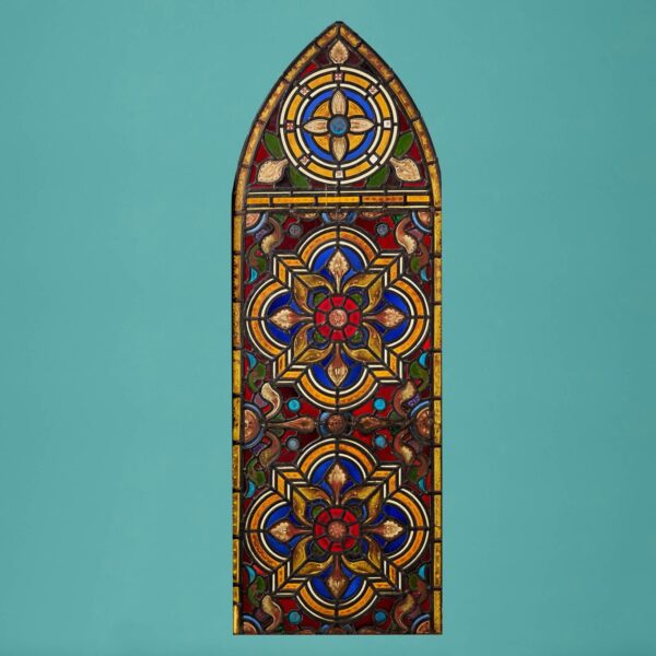 Antique Victorian Arched Stained Glass Window of Tudor Rose