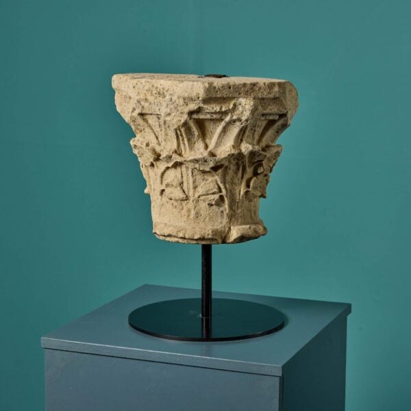 0_45-1 Rare English Romanesque Limestone Capital on Stand