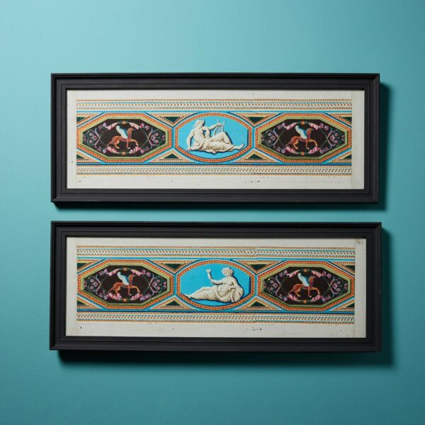 Pair of Antique Framed Polychrome Classical Friezes