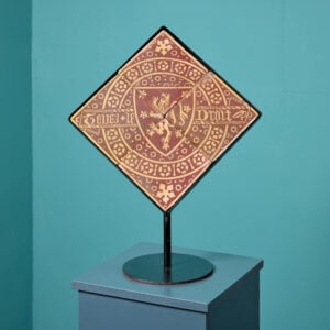 Four English Antique Heraldic Tiles on Stand with French Inscription 'Tenez le Droit’