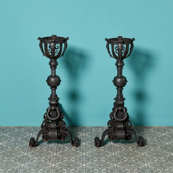 Large Pair of Antique English Rococo Style Fire Dogs