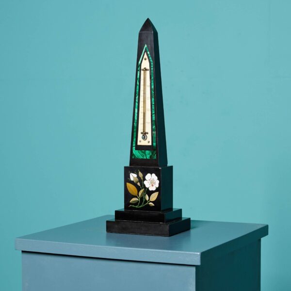 0_36390 Antique Ashford Black & Pietra Dura Marble Obelisk Thermometer