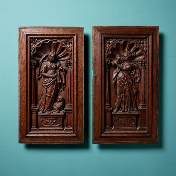 0_36291_-1 Pair of Antique Neoclassical Style Oak Panels of Saints