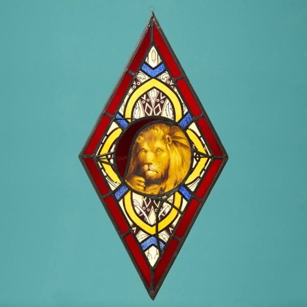 19th Century Diamond Shaped Stained Glass Panel with Lion