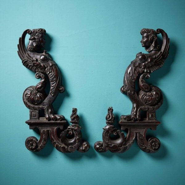 Pair of Antique Neoclassical Style Oak Sphinx Brackets