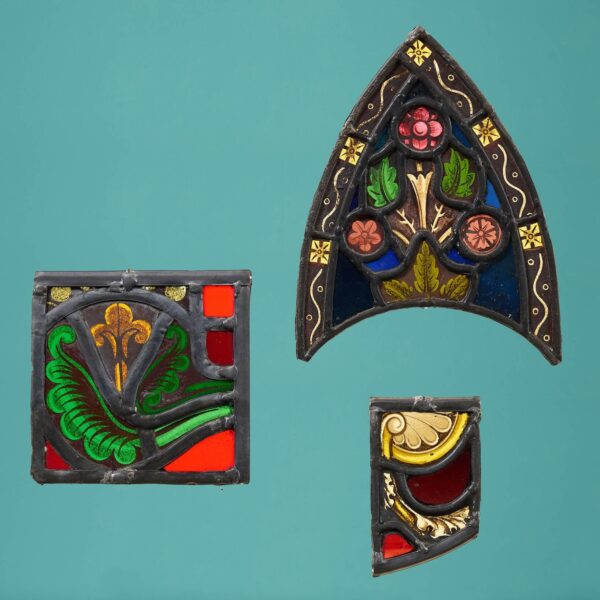 Set of 3 Small Reclaimed Stained Glass Window Panels