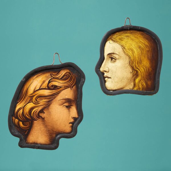Pair of Antique Stained Glass Window Hanging Heads