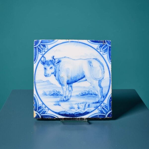 19th Century Ravesteijn Blue & White Delft Tile of a Bull
