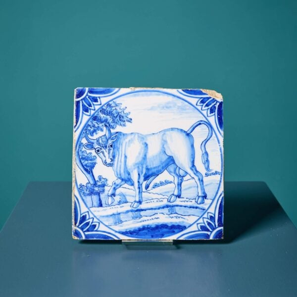 Antique Ravesteijn Blue & White Delft Tile of a Bull