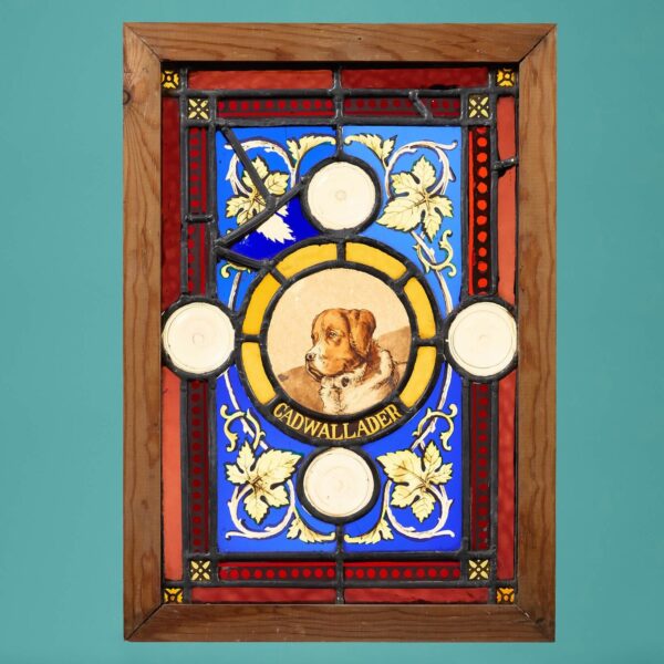Small Reclaimed Stained Glass Panel of ‘Cadwallader’ Dog
