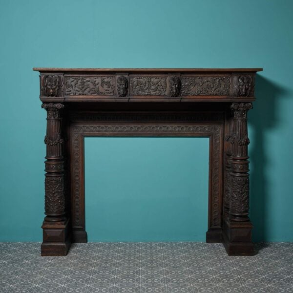 Large Antique English Carved Oak Victorian Fire Surround