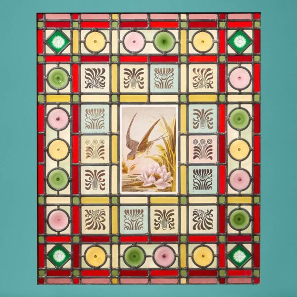 Large 19th Century Stained Glass Panel of Swallow Scene