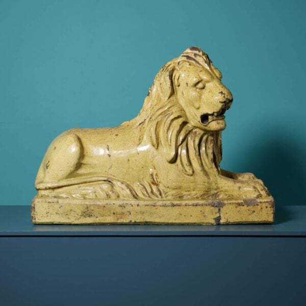 Large Antique Glazed Stoneware Recumbent Lion Statue