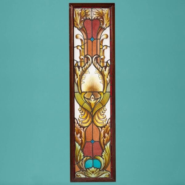 Large Antique Art Nouveau Stained Glass in Mahogany Frame