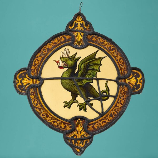 Antique Armorial Dragon Stained Glass Panel
