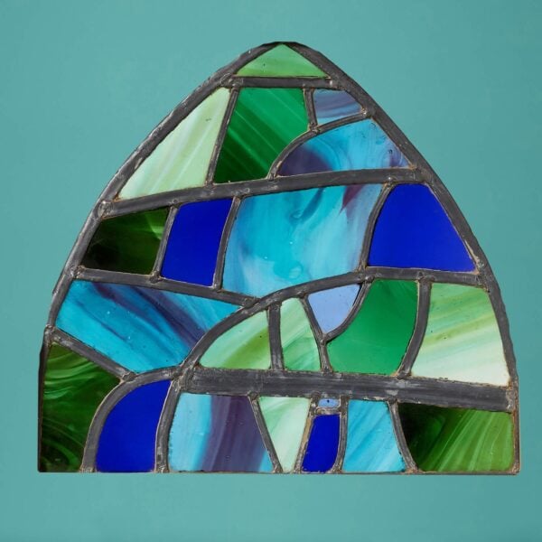 Reclaimed Green & Blue Arched Stained Glass Window Panel