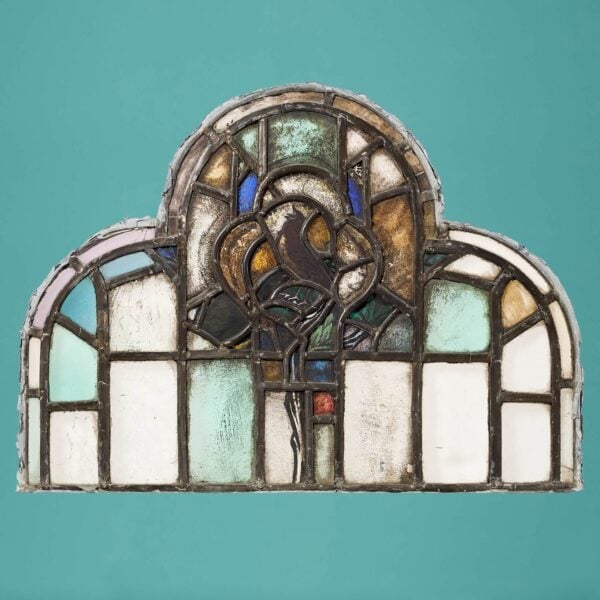 Antique Ecclesiastical 20th Century Arched Stained Glass Panel