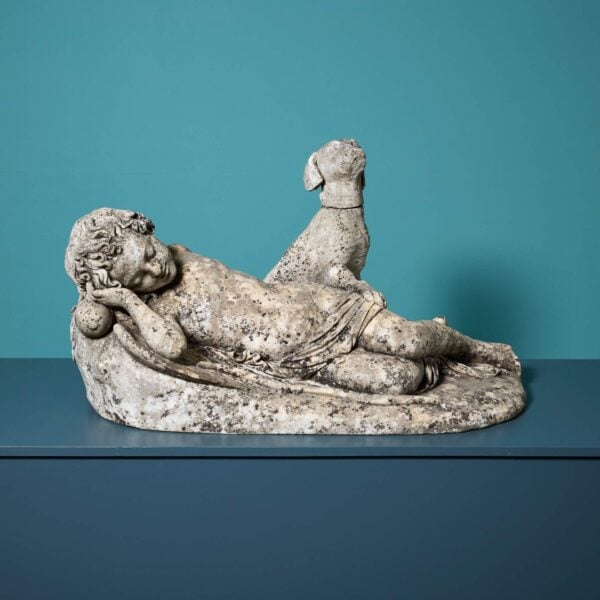 0_35797-1 E. Wolff (1802-1879) Weathered Statuary Marble Sleeping Cupid & Dog Statue