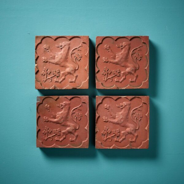 Set of 4 Medieval Style Terracotta Rampant Lion Tiles