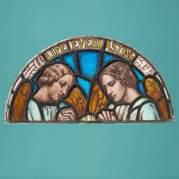 Arched Antique Religious Stained Glass Panel with Angels